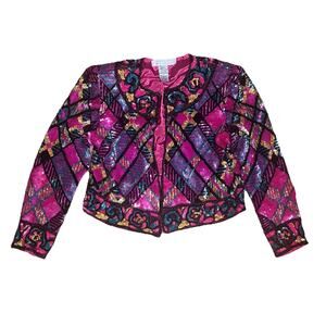 Vintage Niteline Sequin Blazer Silk Jacket Pink Party Evening 90s Womens Medium
